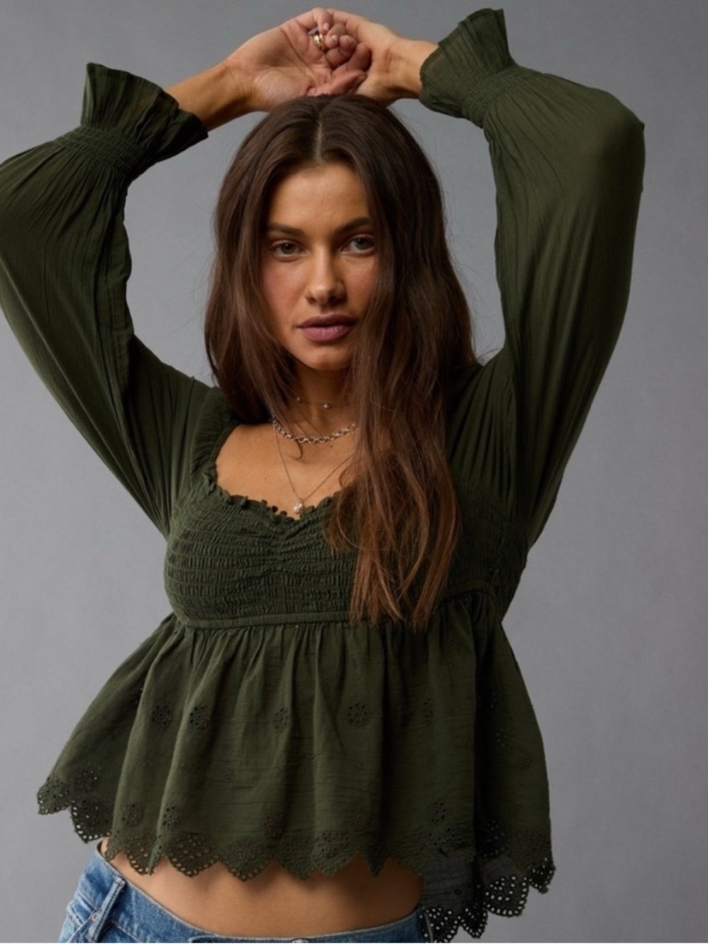 American eagle smocked cutout ballon sleeve olive green spring babydoll blouse